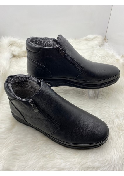 Içi Kürklü Siyah Deri Yanı Çift Fermuarlı Bilek Boy Bot (Gamze 720 ) - Siyah - 43 - ST00822-SİYAH-43