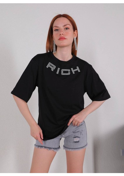 Bayan Taşlı Yazılı Siyah Renk Pamuklu Tişört 101102