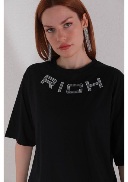 Bayan Taşlı Yazılı Siyah Renk Pamuklu Tişört 101102 modelleri