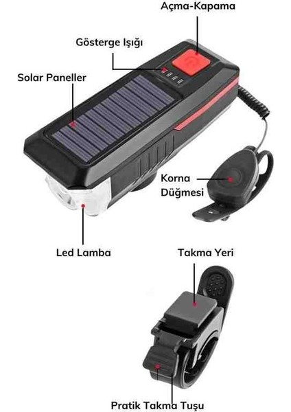 Solar Enerjili USB ile Şarj Edilebilir Ledli Bisiklet Feneri Kornalı ve Su Geçirmez Far