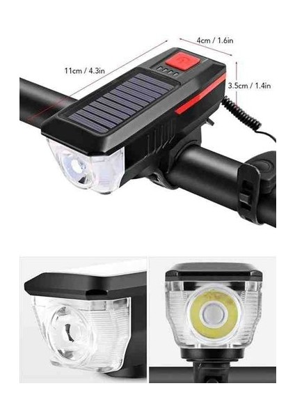 Solar Enerjili USB ile Şarj Edilebilir Ledli Bisiklet Feneri Kornalı ve Su Geçirmez Far