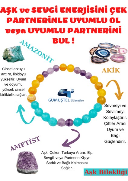 Aşk,sevgi,çiftler Arası Uyum Doğal Taş Bilekliği Amazonit, Akik ve Ametist Doğaltaş Bileklik