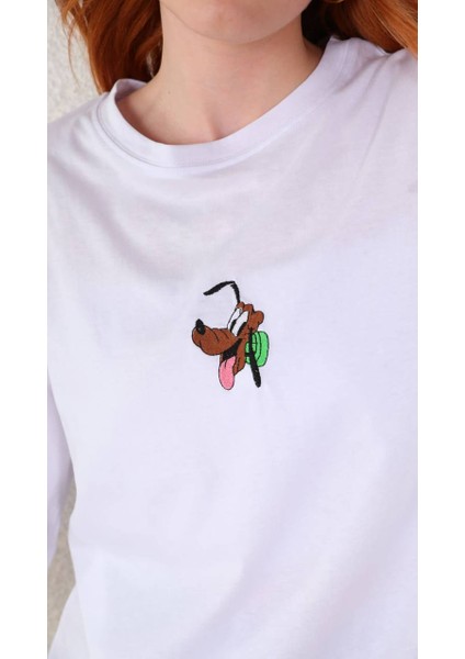Bayan Nakış Işlemeli Köpek Desenli Beyaz Renk Pamuklu Tişört Kpk fiyatları