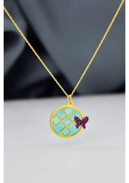 925 Ayar Gümüş Gold Kaplama Geometrik Desenli Rüya Serisi Cam Boyalı, Mini Kelebek Kolye