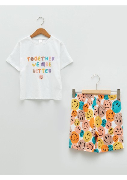 Kids Bisiklet Yaka Baskılı Kısa Kollu Kız Çocuk Şortlu Pijama Takımı