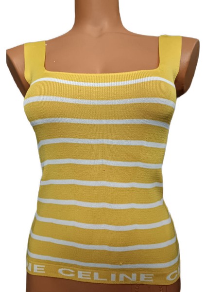 Sarı Beyaz Çizgili Kare Yaka Atlet Triko Crop S / M / L Beden Uyumlu
