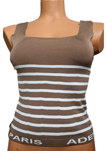 Kahverengi Beyaz Çizgili Kare Yaka Atlet Triko Crop S / M / L Beden Uyumlu