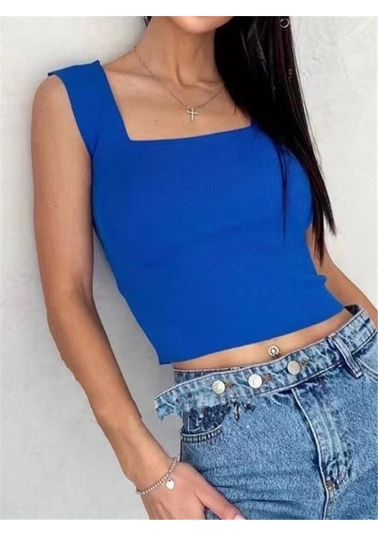 Elektrik Çivit Mavi Kare Yaka Atlet Triko Crop S / M / L Beden Uyumlu