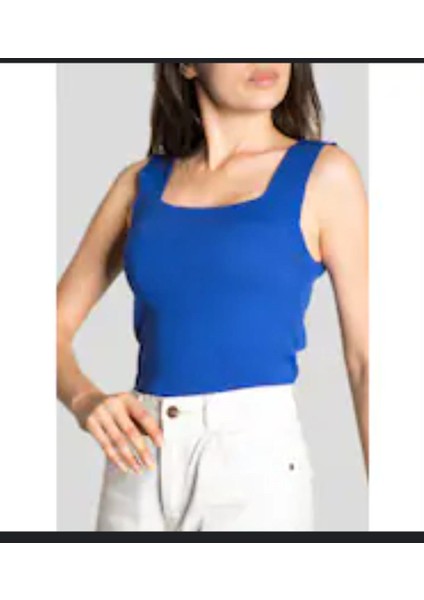 Elektrik Çivit Mavi Kare Yaka Atlet Triko Crop S / M / L Beden Uyumlu fırsatları