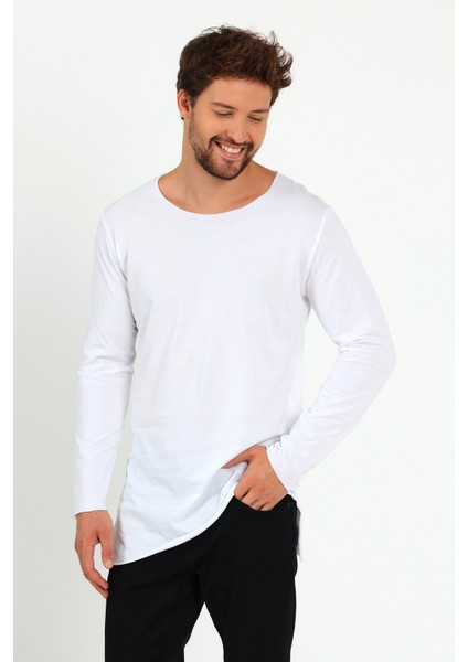 Asimetrik Açık Yaka Uzun Kollu Basic T-Shirt