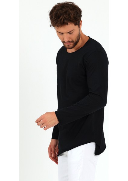 Asimetrik Açık Yaka Uzun Kollu Basic T-Shirt