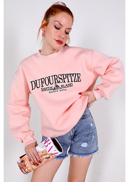 Cof Butik Ön Nakışlı Kadın Sweatshirt Pembe