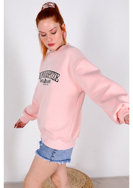 Cof Butik Ön Nakışlı Kadın Sweatshirt Pembe