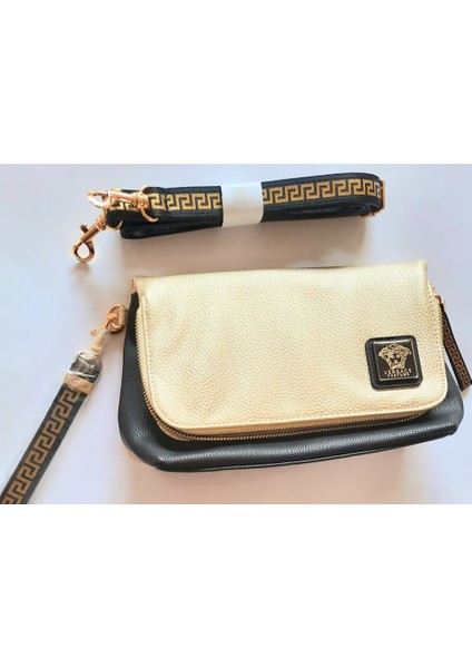 Clutch Crossbody Bileklik Çantası Ikonik Greca Key & Medusa Altın Siyah Nıp