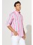 Erkek Gri-Pembe Comfort Fit Rahat Kesim Düğmeli Yaka Çizgili Pamuklu Gömlek 3
