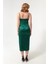 Kadın Zümrüt Yeşili Ince Askılı Yırtmaçlı Midi Saten Abiye Elbise 5
