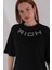 Bayan Taşlı Yazılı Siyah Renk Pamuklu Tişört 101102 3