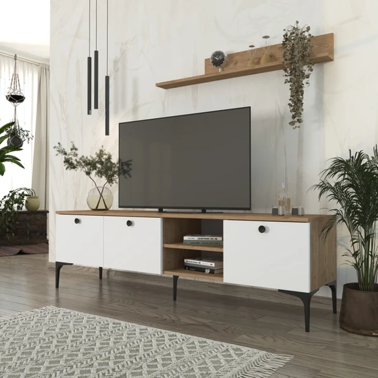 Cool Home Motto Raflı Tv Ünitesi 180 cm Meşe (Sepet) - Beyaz