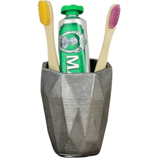 Evene Diş Fırçalığı Tezgah Üstü Gümüş Eskitme Renk Diş Fırçası Standı Uzun Poly Model