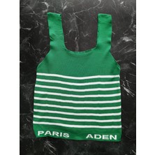 Pembecin Yeşil Beyaz Çizgili Kare Yaka Atlet Triko Crop S / M / L Beden Uyumlu
