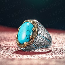 Takılingo 925 Ayar Gümüş Furize Turkuaz Taşlı Oval Usta Işi Erkek Yüzük
