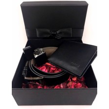 Karali Deri Erkek Siyah Cüzdan Kemer Çakmak Set