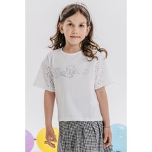 Breeze Kız Çocuk Tişört Kolları Güpürlü Nakışlı Taşlı Yazı Baskılı 9-14 Yaş, Ekru