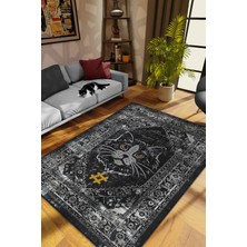 Homshtag Kolye Hashtag Siyah Gri Salon Halısı Etnik Desenli Halı Kedi Figürlü Oturma Odası Halısı