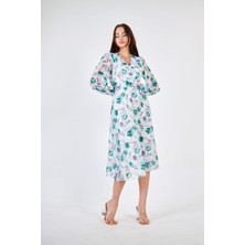 Ceylen Kruvaze Yakalı Uzun Kollu Şifon Kloş Midi Elbise