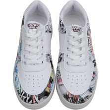 Kadın Vegan Deri Beyaz Sneakers - Warner Bros Marvin the Martian Stencil Tasarım