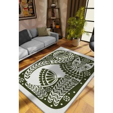 Homshtag Çinili Kedi,Yeşil Renkli Kedi Desenli Modern,Dokuma Taban Yıkanabilir Bej Kedi Sever Halısı