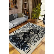 Homshtag Kedi Sanatı, Mavi Renkli Kedi Desenli,İskandinav ,Pamuklu Dokuma Tabanlı Yıkanabilir Bej Kedi Sever Halısı