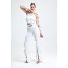 Sense Kemerli Paça Volanlı Pike Çelik  Pantolon | PNT32698 Beyaz