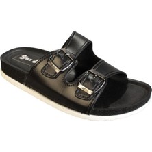 Yaz Kış Ayakkabı Yazkış Kadın Siyah Krem Çift Tokalı Rahat Taban Terlik