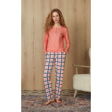 Doreanse Kadın Kareli Kalp Desenli Somon Renk T-Shirt Pijama Takımı 4254