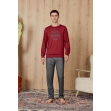 Doreanse Erkek Kırmızı Gri Vintage Baskı Desenli T-Shirt Pijama Takımı 4824