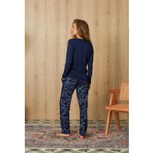 Doreanse Kadın Lacivert Çiçek Desenli T-Shirt Pijama Takımı 4064