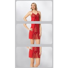 Süsen Lingerie 2 Parça Kırmızı İp Askılı Dantelli Fantezi Kadın Gecelik Takımı