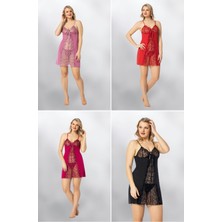 Süsen Lingerie 2 Parça Kırmızı İp Askılı Dantelli Fantezi Kadın Gecelik Takımı