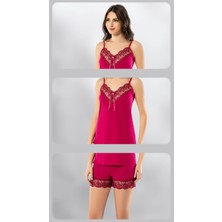 Süsen Lingerie 2 Parça Vişne Atlet Şort Dantelli Fantezi Kadın Gecelik Takımı