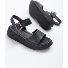 Munshoes Siyah Hakiki Deri Kadın Sandalet