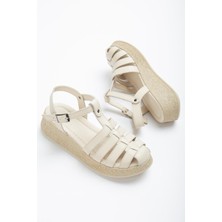 Munshoes Bej Hakiki Deri Kadın Kafesli Sandalet