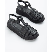 Munshoes Siyah Hakiki Deri Kadın Kafesli Sandalet