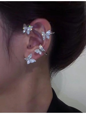 Bahels Ithal Gümüş Renk Tekli Zirkon Taşlı Kelebek Earcuff Kıkırdak Küpe