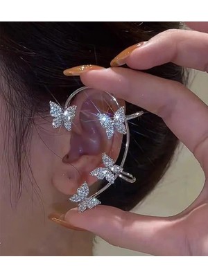 Bahels Ithal Gümüş Renk Tekli Zirkon Taşlı Kelebek Earcuff Kıkırdak Küpe