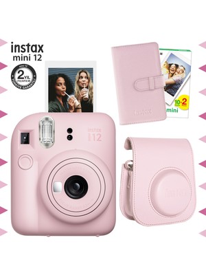 Fujifilm Instax Mini 12 Pembe Fotoğraf Makinesi-20'li Film-Laporta Albüm ve Deri Kılıf Seti