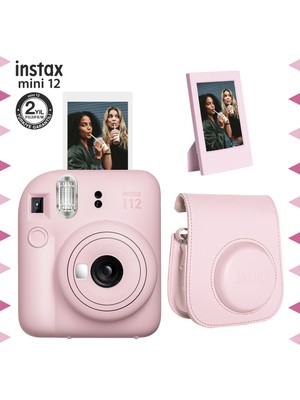Fujifilm Instax Mini 12 Pembe Fotoğraf Makinesi-Çerçeve ve Deri Kılıf Seti