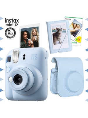 Fujifilm Instax Mini 12 Mavi Fotoğraf Makinesi-20'lu Film-Mini Albüm ve Deri Kılıf Seti