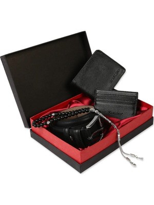Karalı Deri Erkek Aksesuar Hediye Seti Kemer Cüzdan Kartlık Tesbih