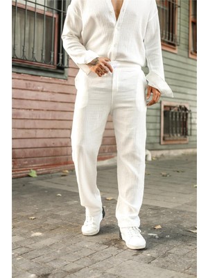 Outfit-Man Erkek Baggy Bel Bağlamalı Müslin Pantolon Beyaz